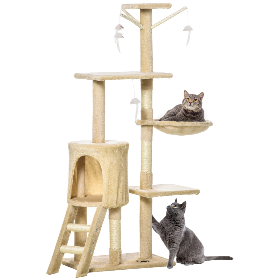 Deluxe Cat Tree Condo: Activity Center with Scratching Post & Toys - Beige 131cm
