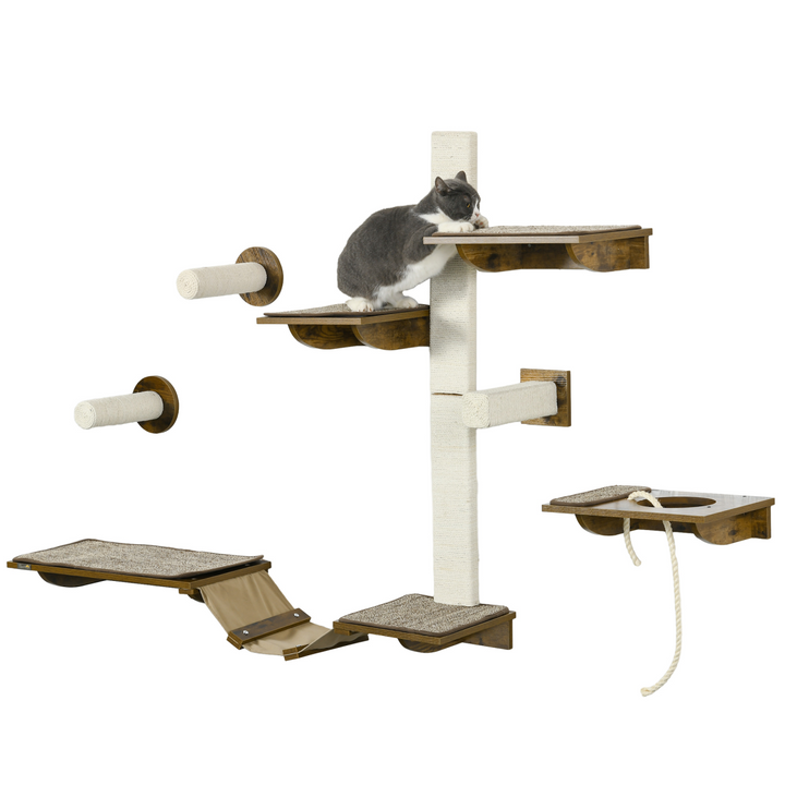 Ultimate PawHut Wall-Mounted Cat Shelves Set - 8 Versatile Pieces in Brown