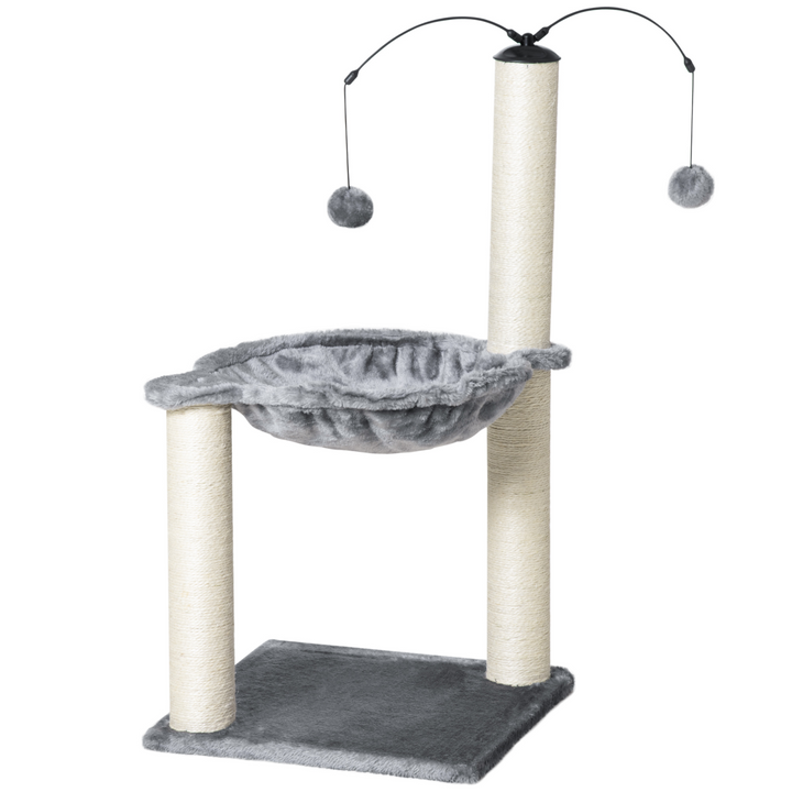 Stylish Cat Tree Tower with Scratching Post, Hammock & Toy Balls - Grey