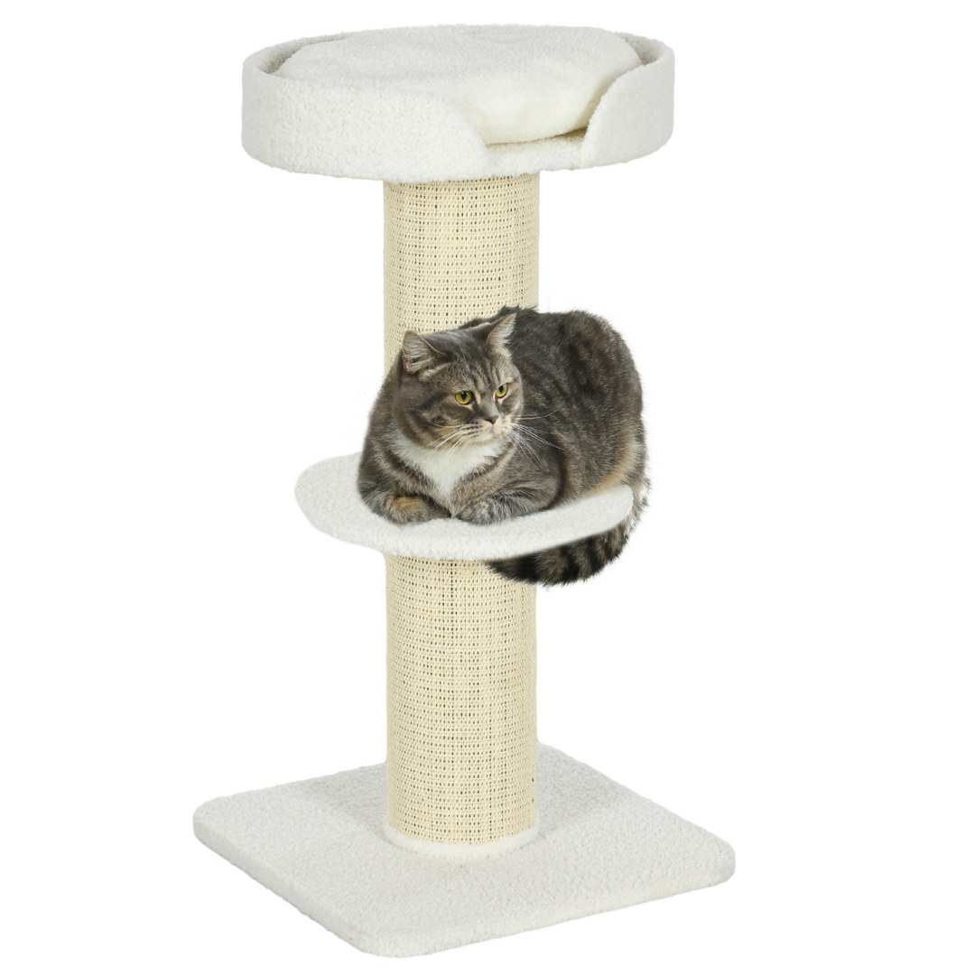 PawHut 2-Tier Cat Tree: Plush Basket & Sisal Scratch Post - Cream White