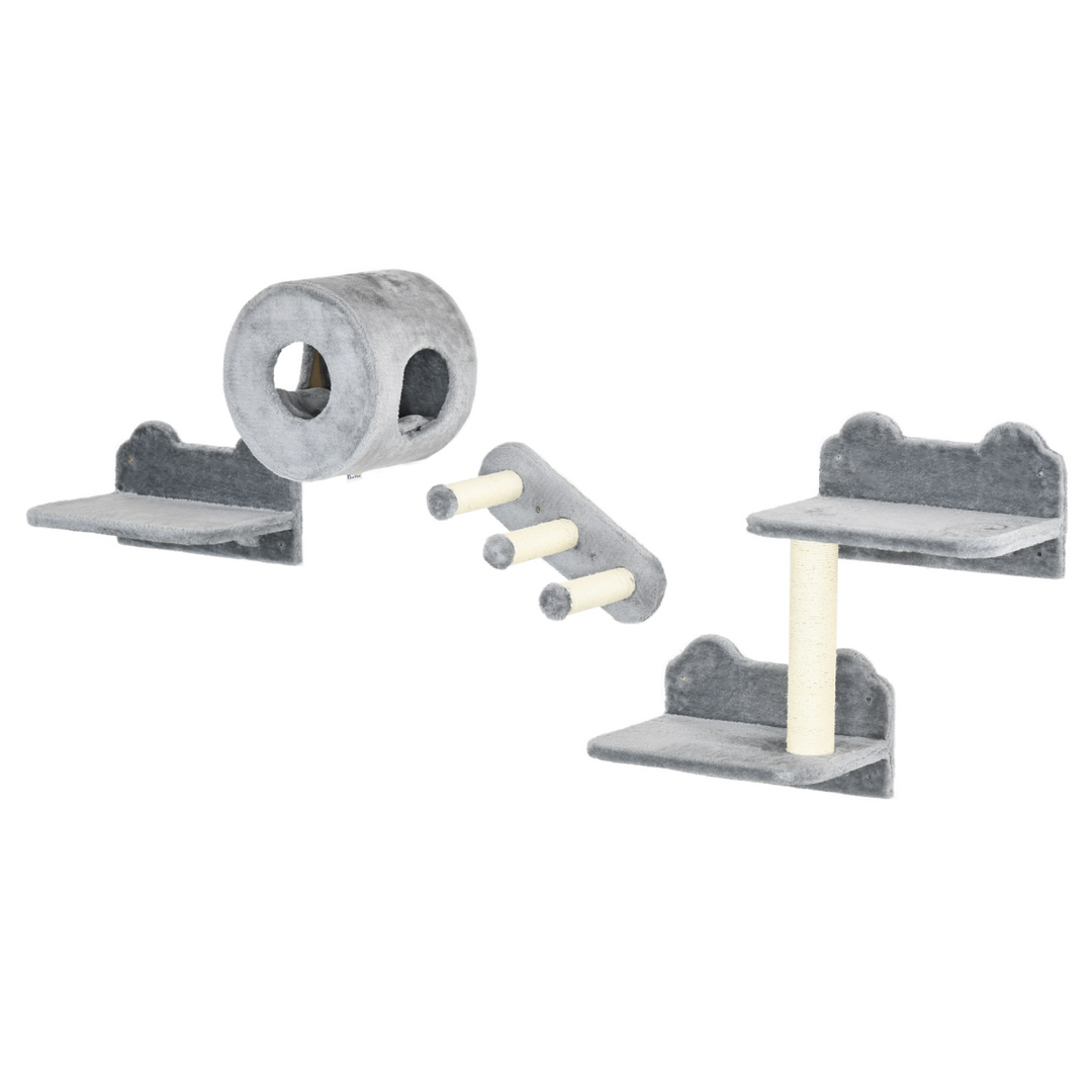 Four-Piece Wall-Mounted Cat Tree with Platforms, Steps, Perch, Cat House - Grey