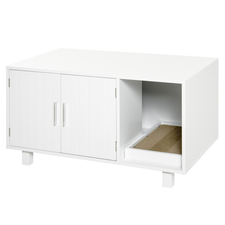 PawHut Cat Litter Box Enclosure &amp; House with Nightstand Design – White