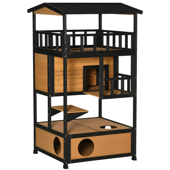 3-Tier Wooden Cat House with Balconies - Outdoor Shelter for Playful Cats