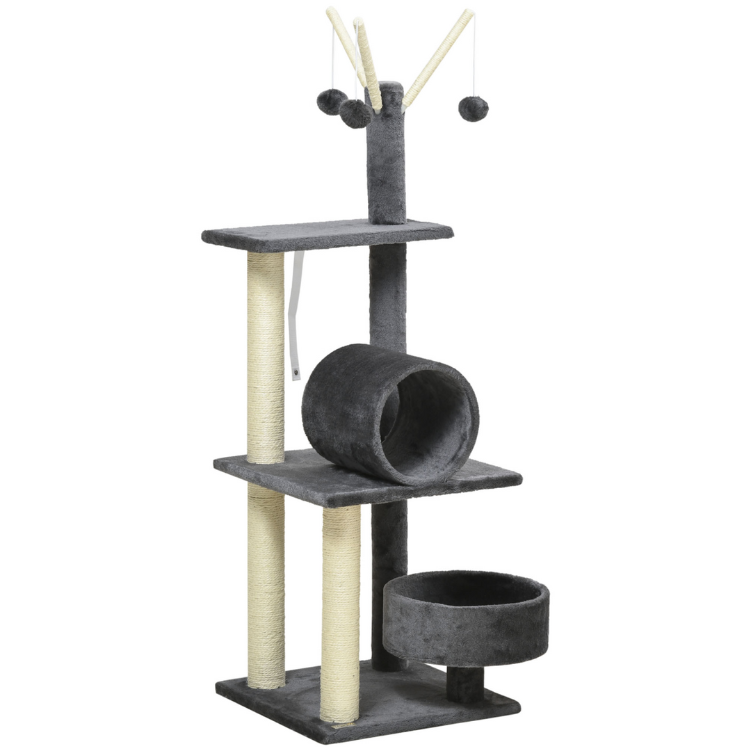 Deluxe 121cm Cat Tree Tower: Scratching Posts, Bed, Tunnel & Perch - Grey