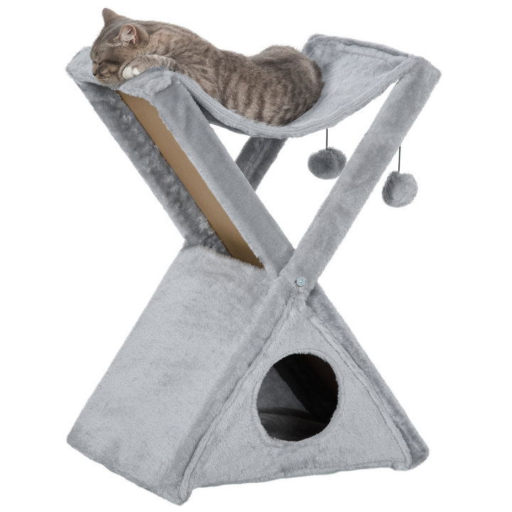 Plush Folding Cat Tree Play Rest Activity Tower w/ Scratching Post Grey Pawhut