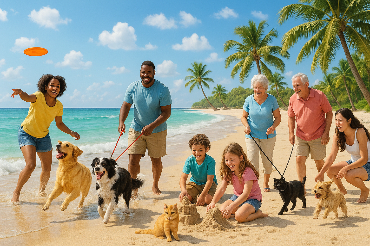 photos from happy customers & their pets but in a sunny beach 